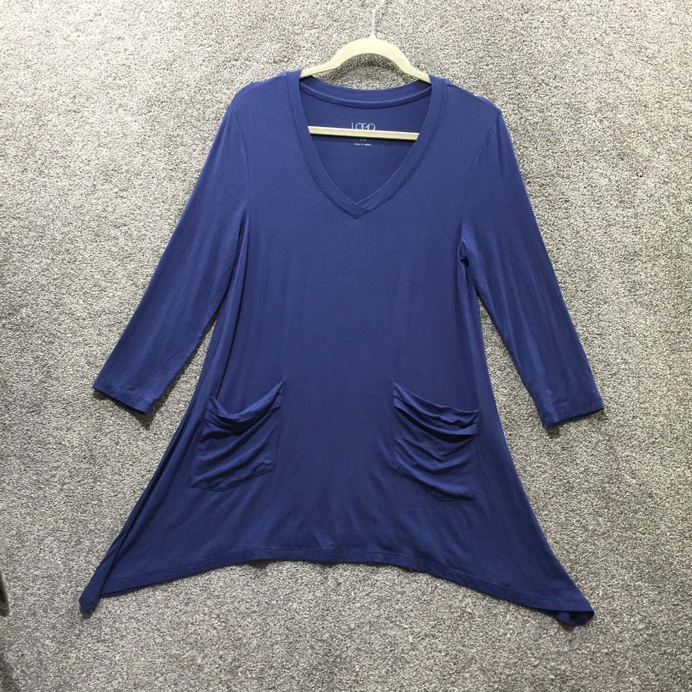 LOGO Lori Goldstein Tunic Top Women XS Blue V‎ Neck 3/4 Sleeve Stretch Rayon